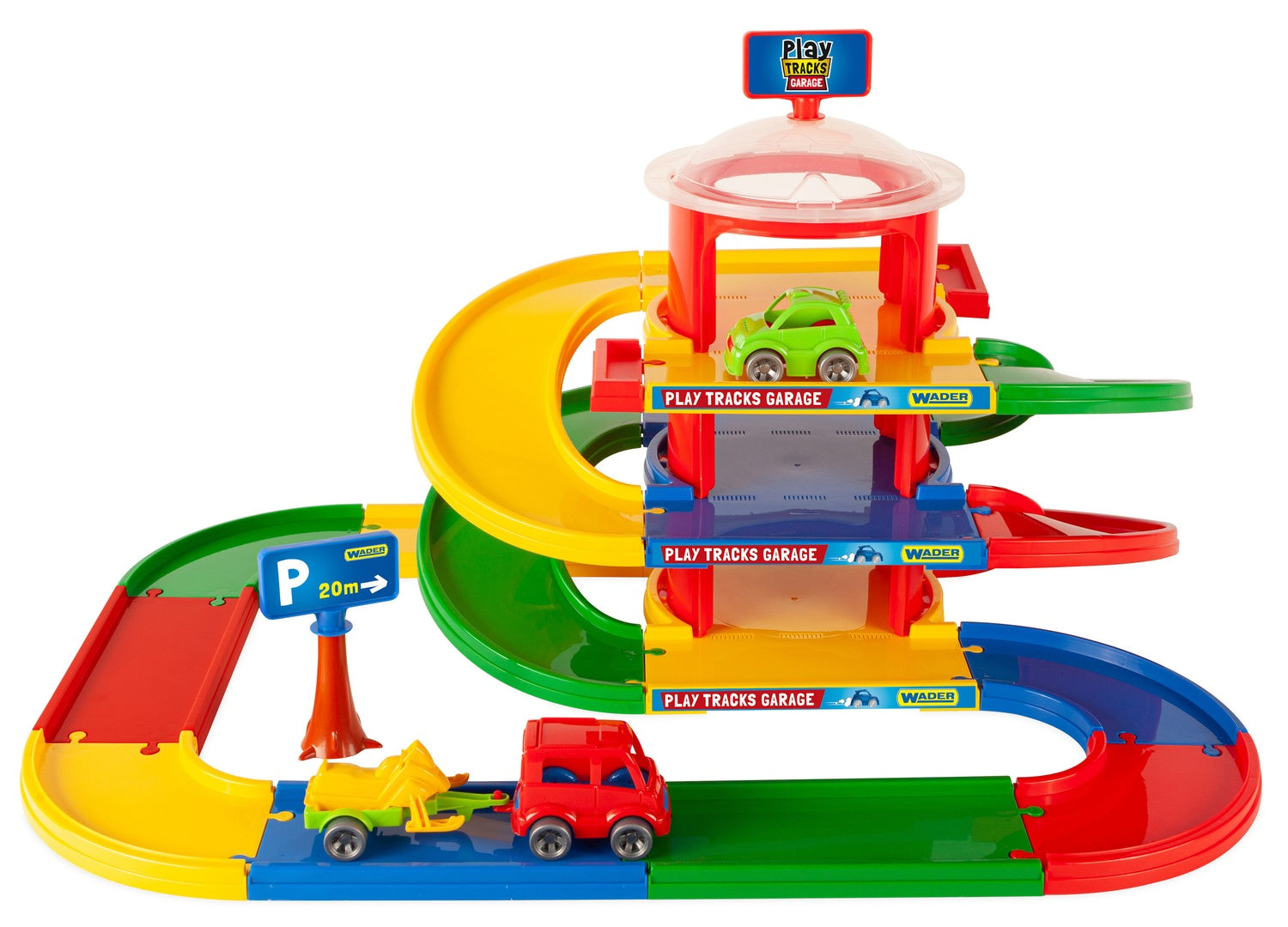 3-vånings garagelekset med fordon och bana