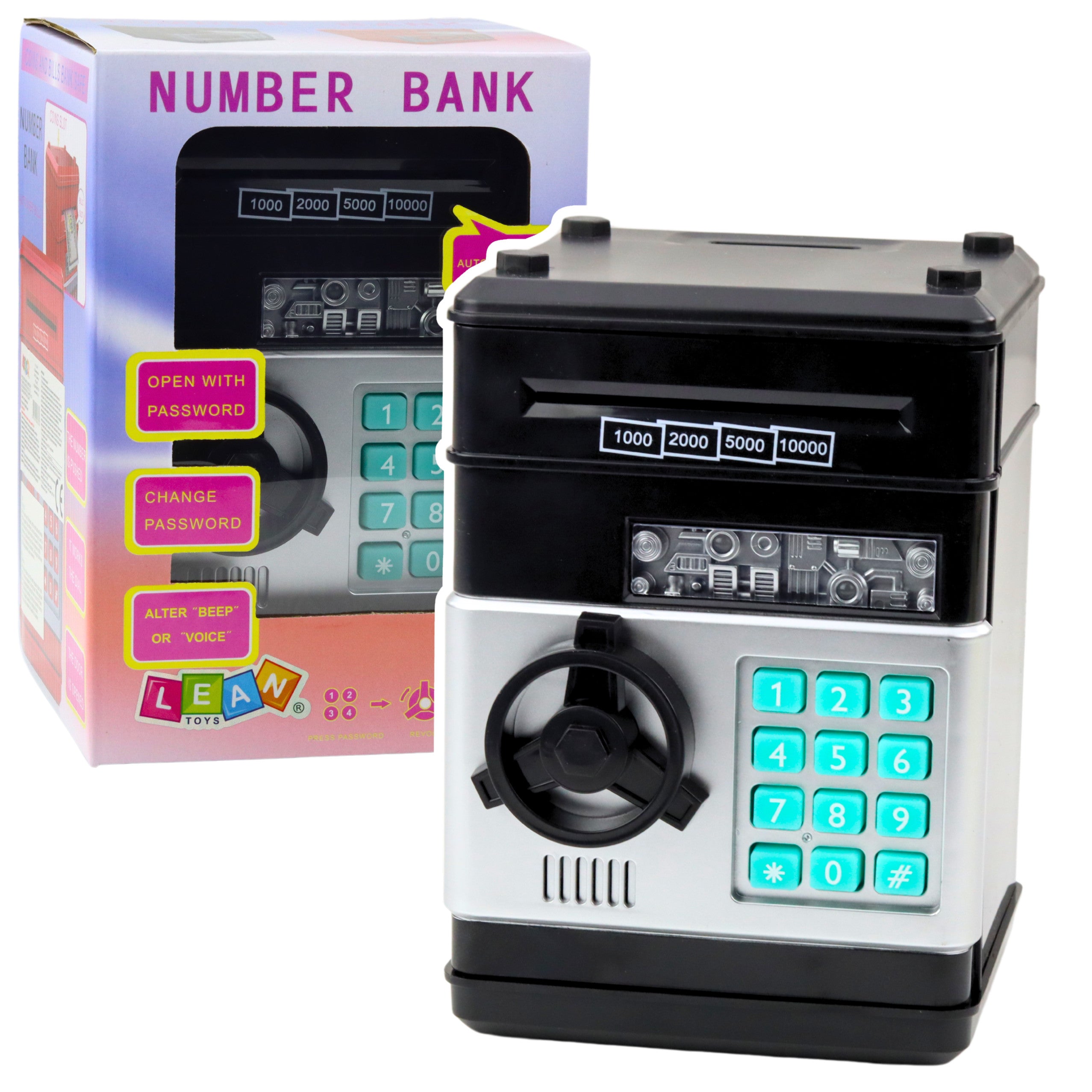 ATM Säker Spargris med ljus, ljud, PIN-kod, svart