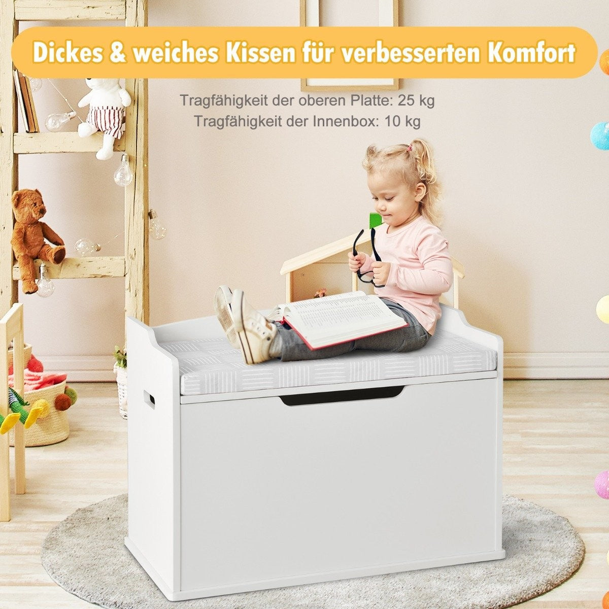 Leksakslåda med lock 2 i 1 leksakskrin med kudde leksaksskåp 74 x 39 x 52 cm vit