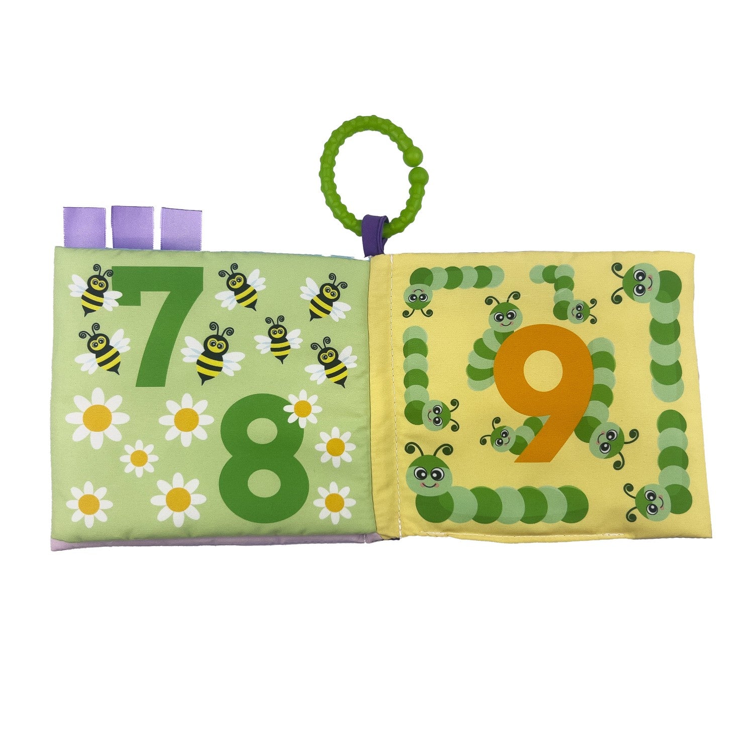 Mjuk babybok med ljusa färger och djurbilder