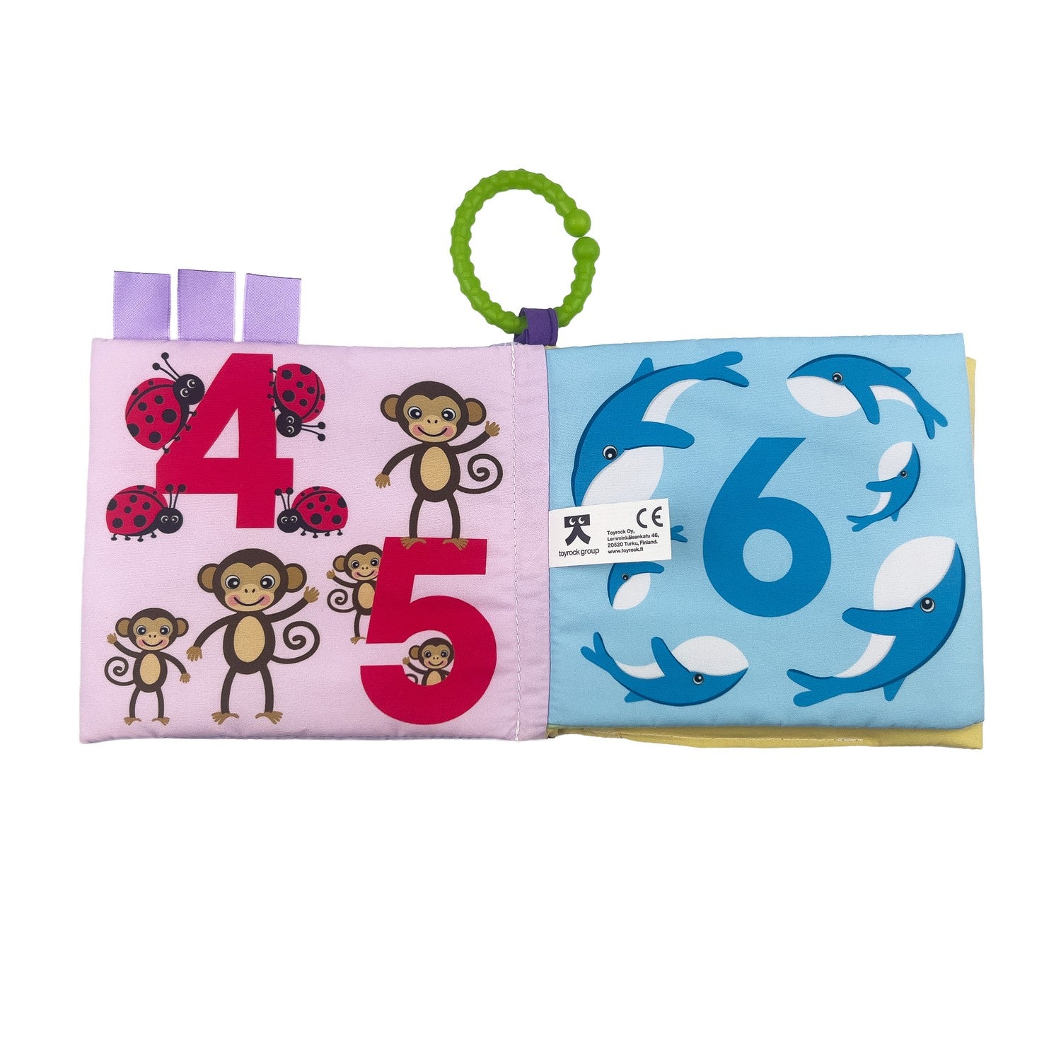 Mjuk babybok med ljusa färger och djurbilder