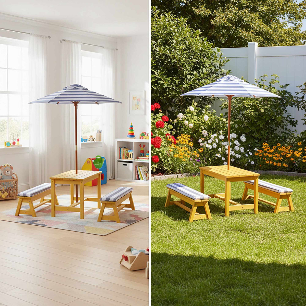 Picknickbordsset för barn med parasoll och kuddar