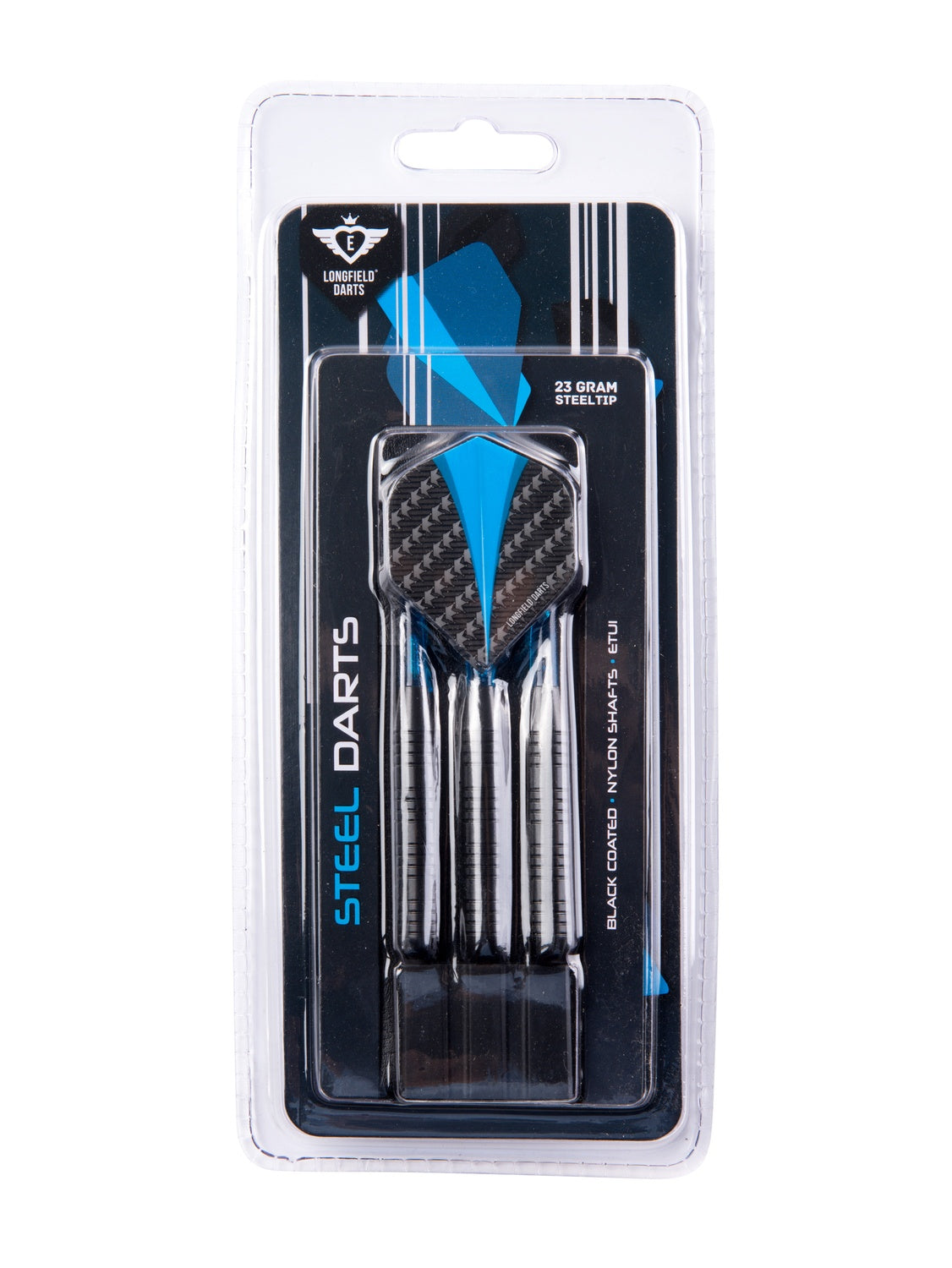 Steeltip Darts 23g, svart pipa, blå skaft och flights