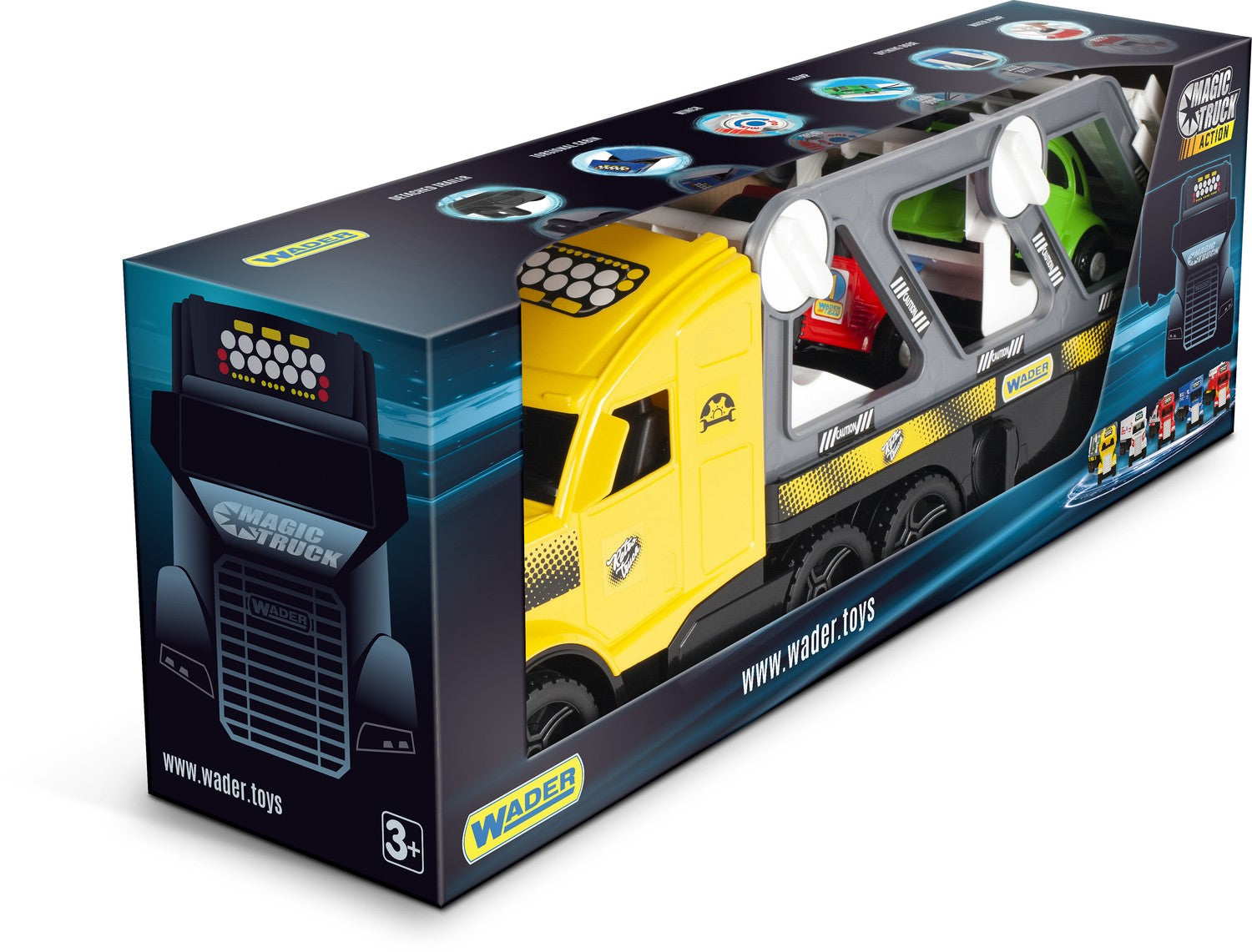 Stor vadarlastbil med släpvagn och retrobilar