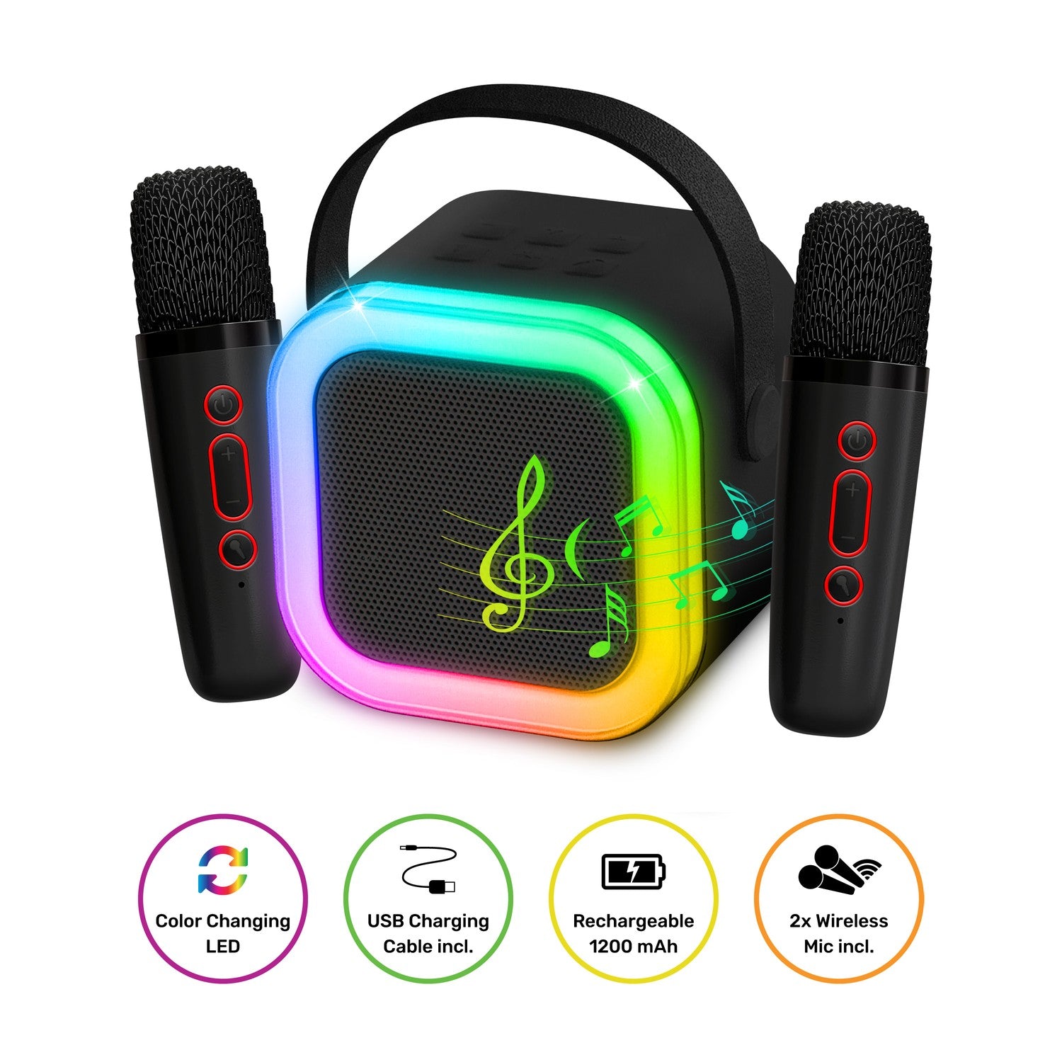 Trådlös karaokehögtalare, LED-lampor, 2 mikrofoner, Bluetooth