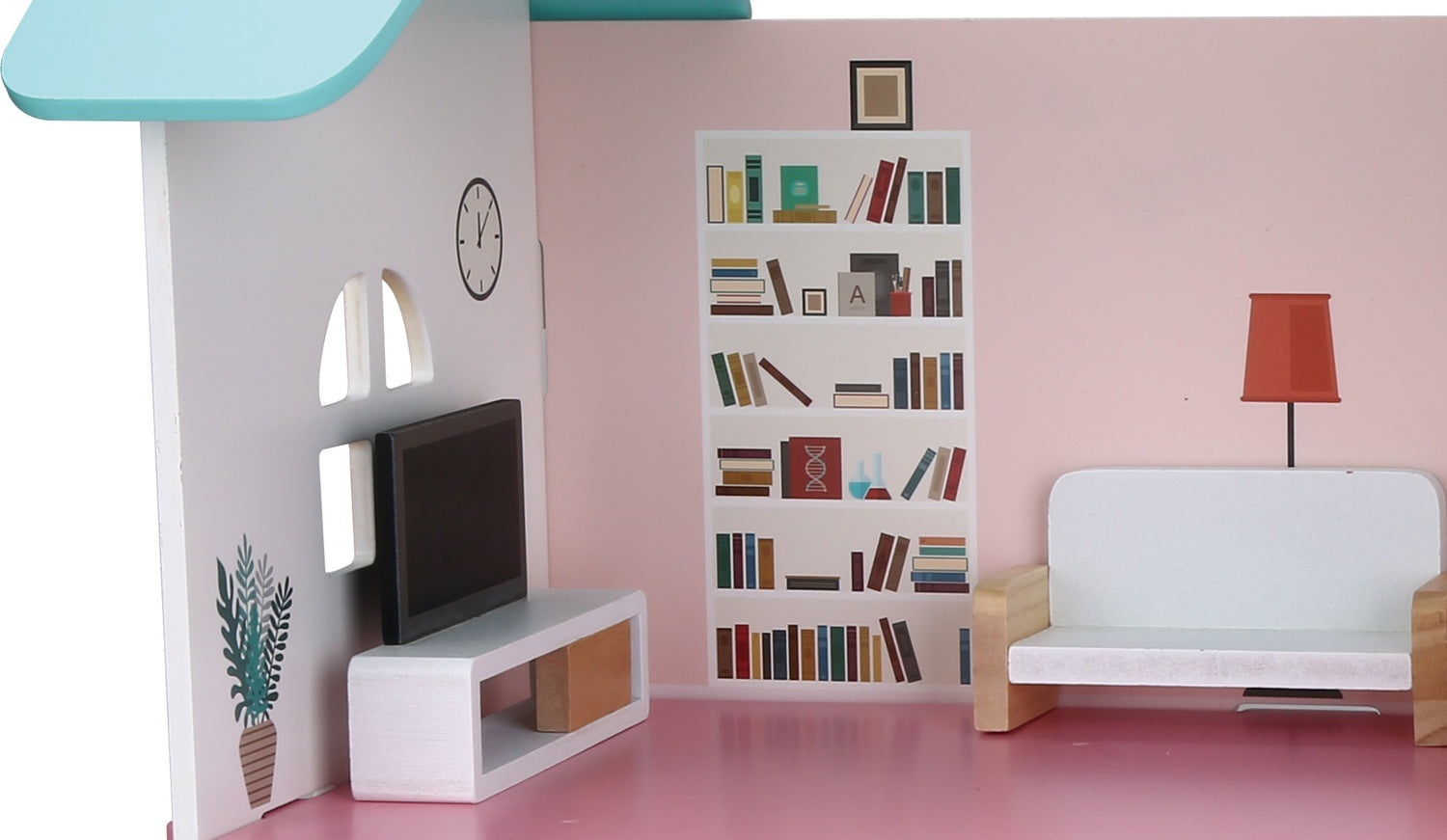 Trädockhus med möbler, tvåvåningshus, 45x42x23 cm