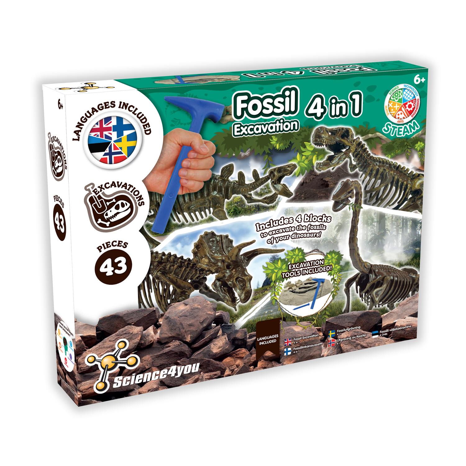 Utgrävningskit för dinosaurier och fossiler, 4-i-1 STEM-leksak, från 6 år
