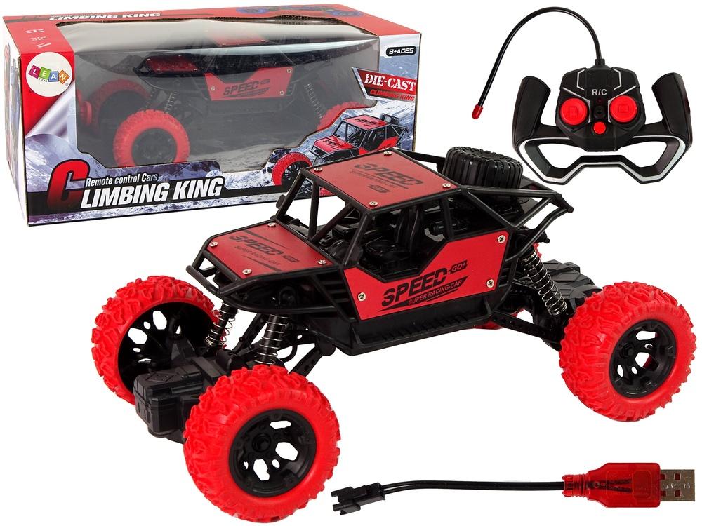 1:18 Röd R/C terrängbil med stötdämpare & USB-laddare