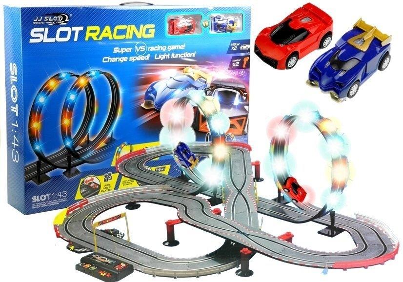 1:43 Slot Cars Race Track: Slingor, LED-ljus, dubbla bilar