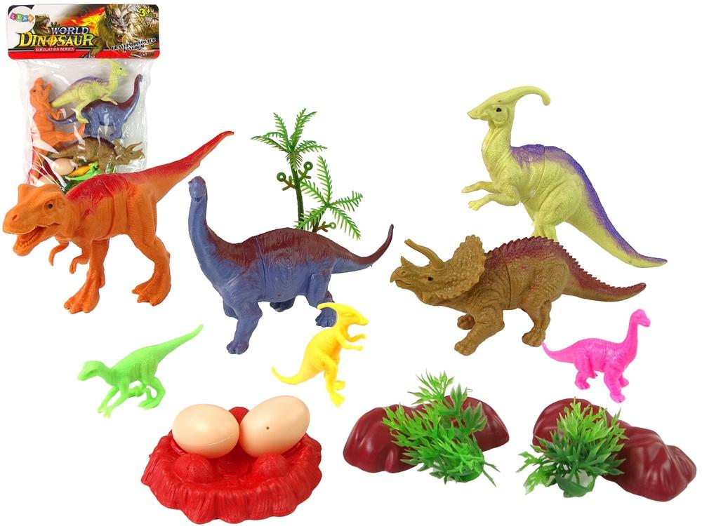 15-delad dinosauriesats: 7 dinos, ägg, buskar, träd