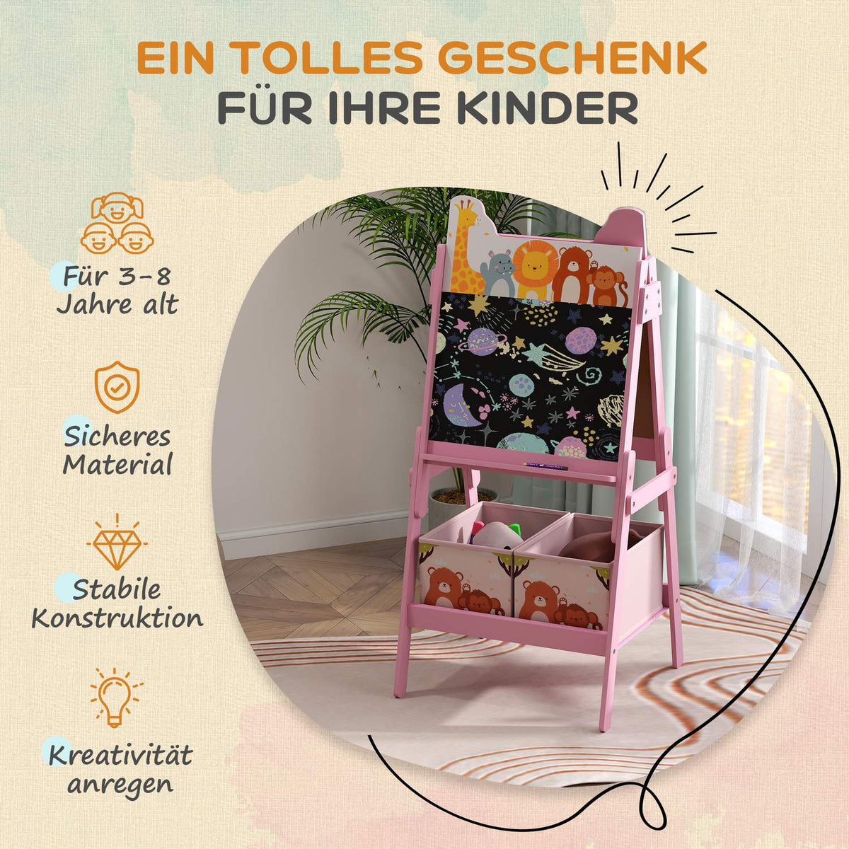 2-i-1 svarttavla för barn, dubbelsidigt staffli för barn, staffli med svarta tavla, whiteboard, förvaringslådor, för barn 3-8 år, rosa