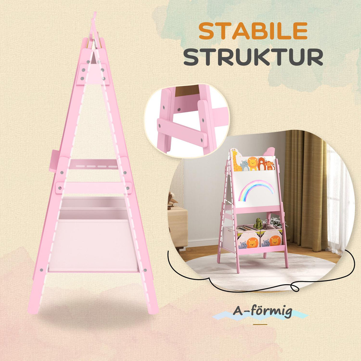 2-i-1 svarttavla för barn, dubbelsidigt staffli för barn, staffli med svarta tavla, whiteboard, förvaringslådor, för barn 3-8 år, rosa