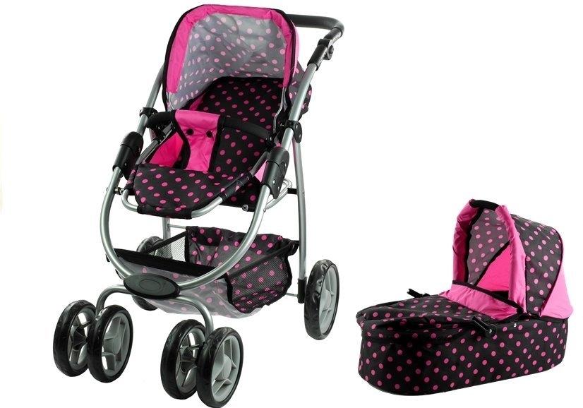 2i1 Dukke Buggy &amp; Stroller - Sort med lyserøde prikker Sjovt!