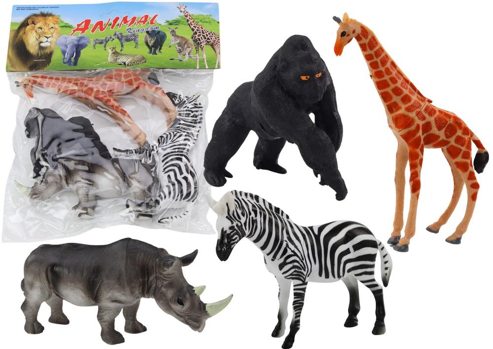 4-delade afrikanska djurfigurer: giraff, gorilla, zebra