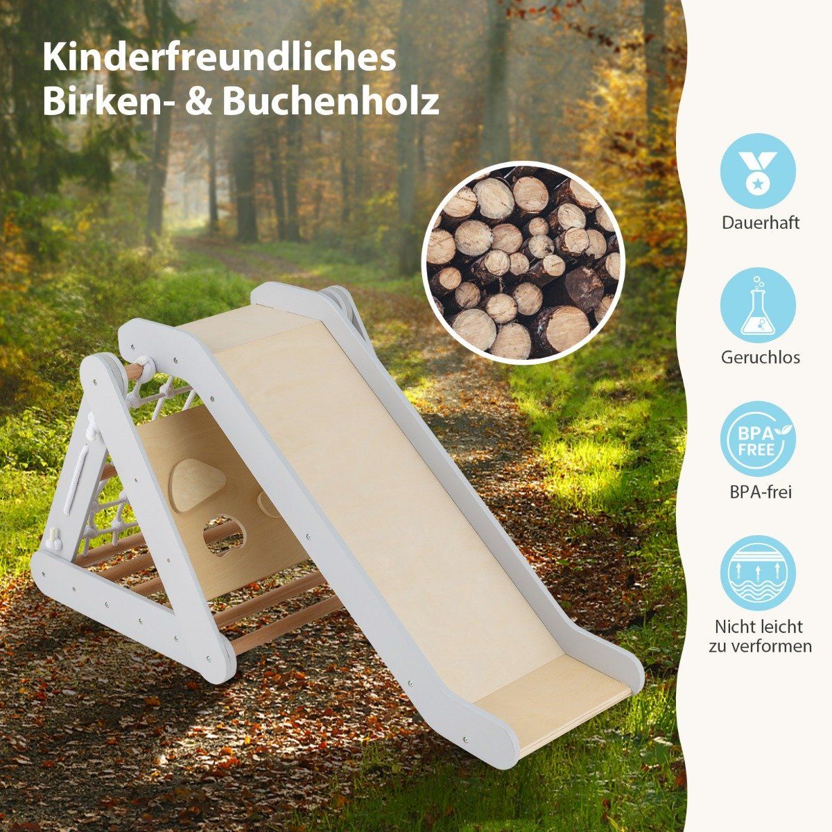 4 i 1 klättertriangel med rutschkana klätterställning av trä 62,5 x 64 x 57,5 cm grå