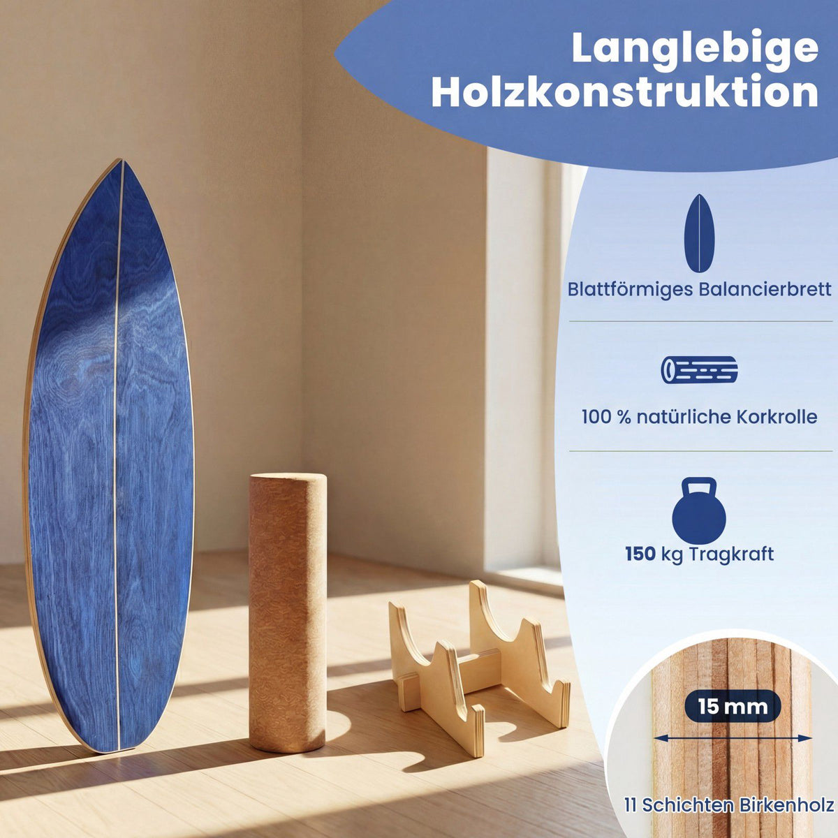 Balansbrädeset med korkrulle, björkträ, blå