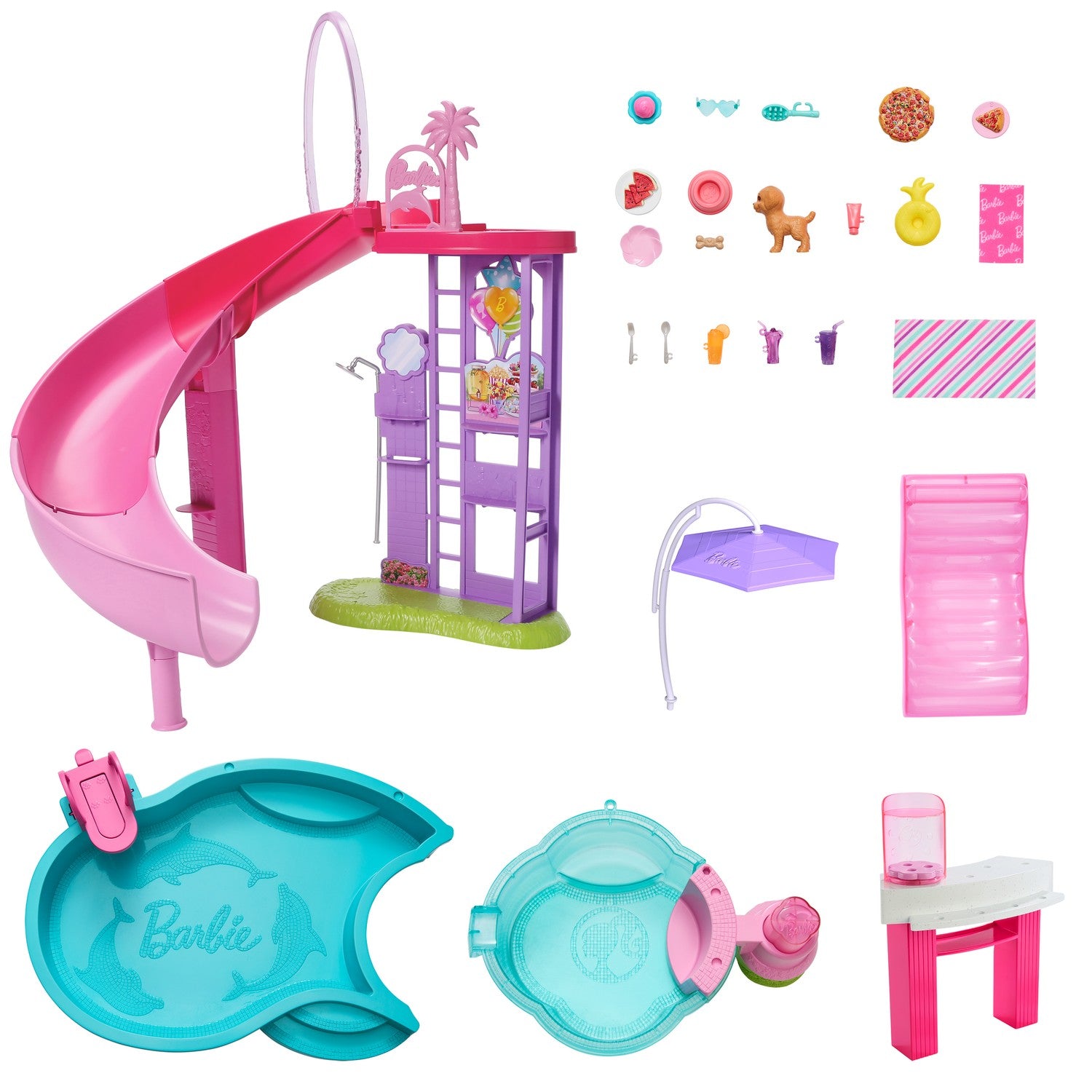 Barbie Poollekset med Rutschkana och Bubbelpool, 17 Tillbehör