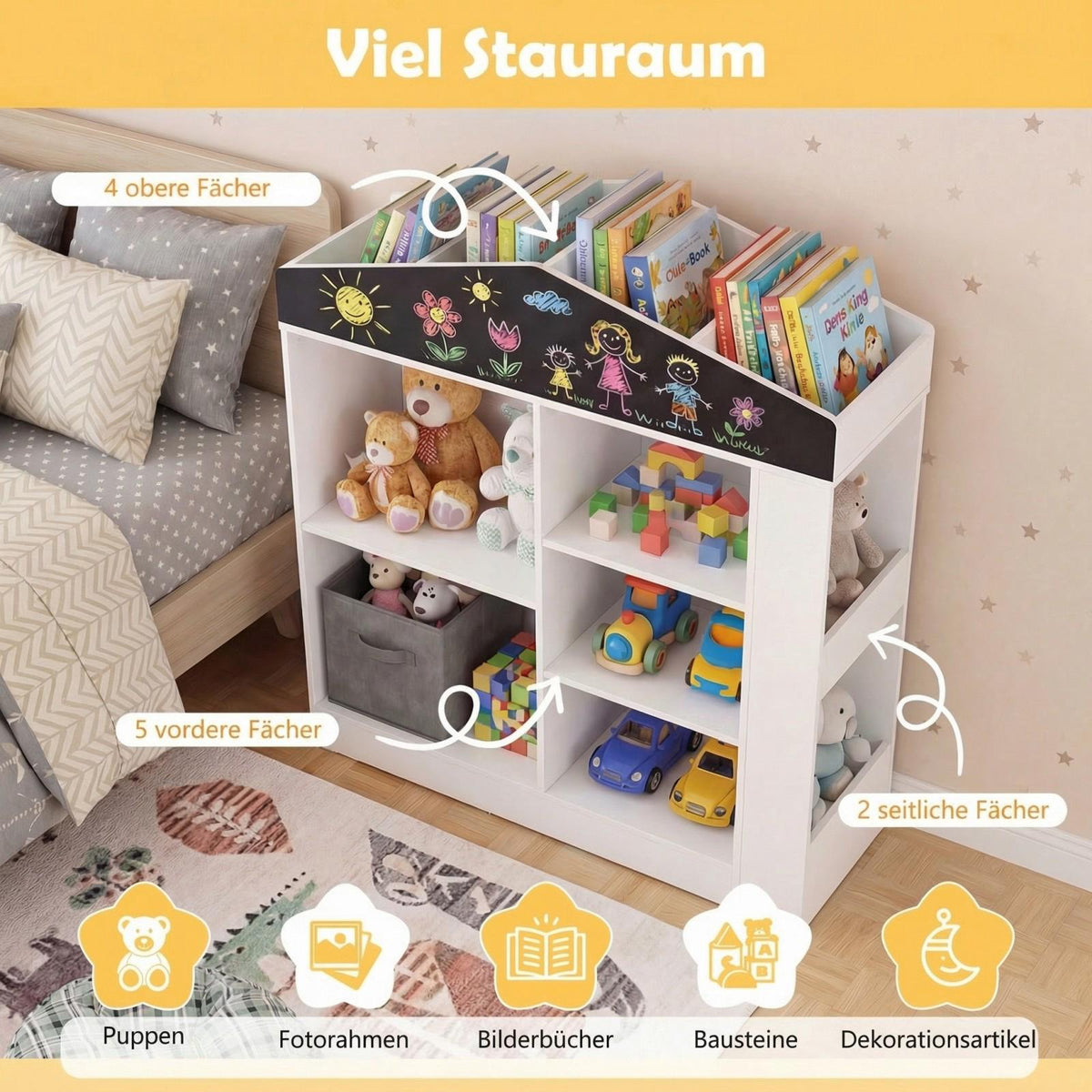 Barnbokhylla med svart tavla och 11 fack