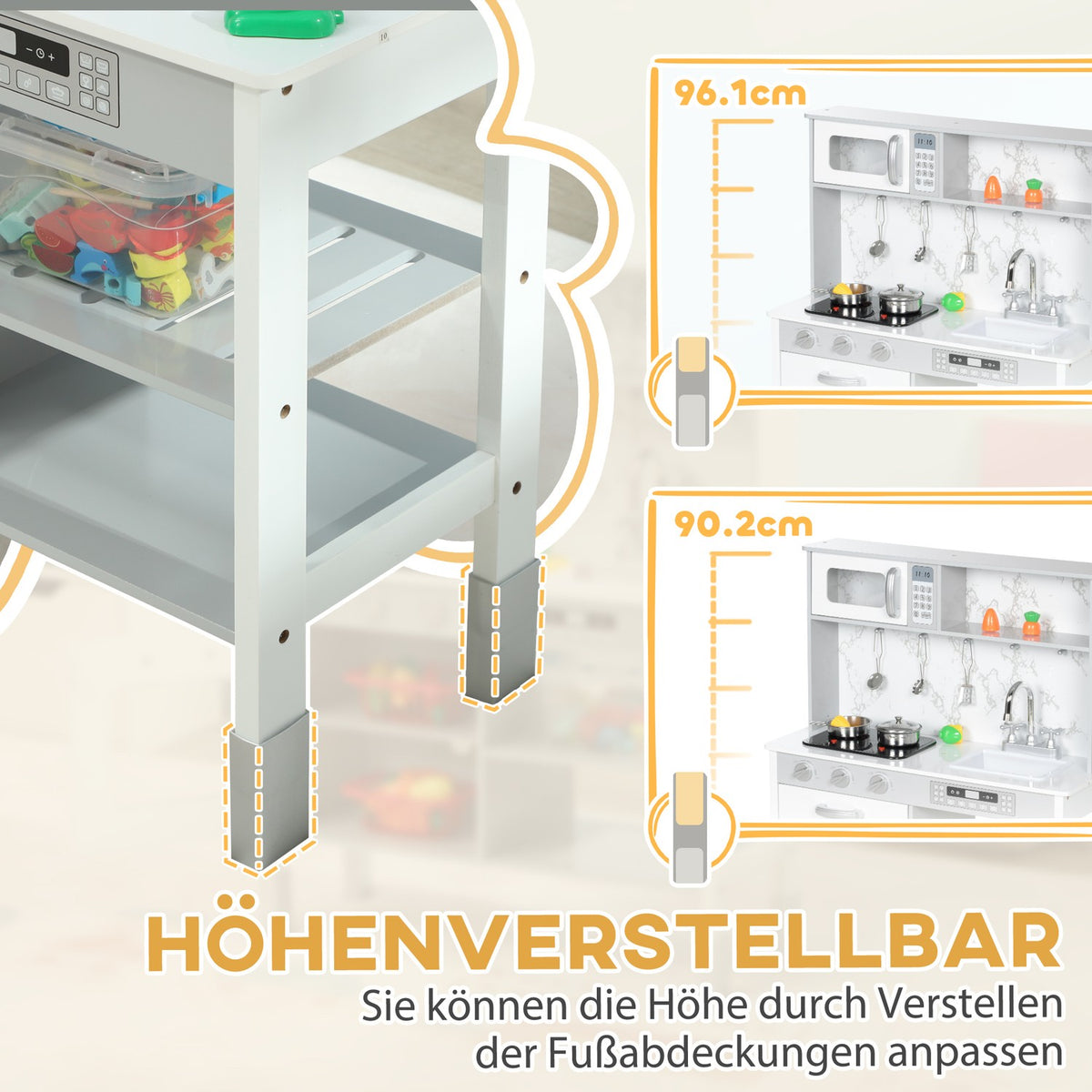Barnkök lekkök med elspis, mikrovågsugn, diskho och kran, höj- och sänkbart dockkök med kokkärl, rollspel kökstillbehör för 3-8 år barn, vit