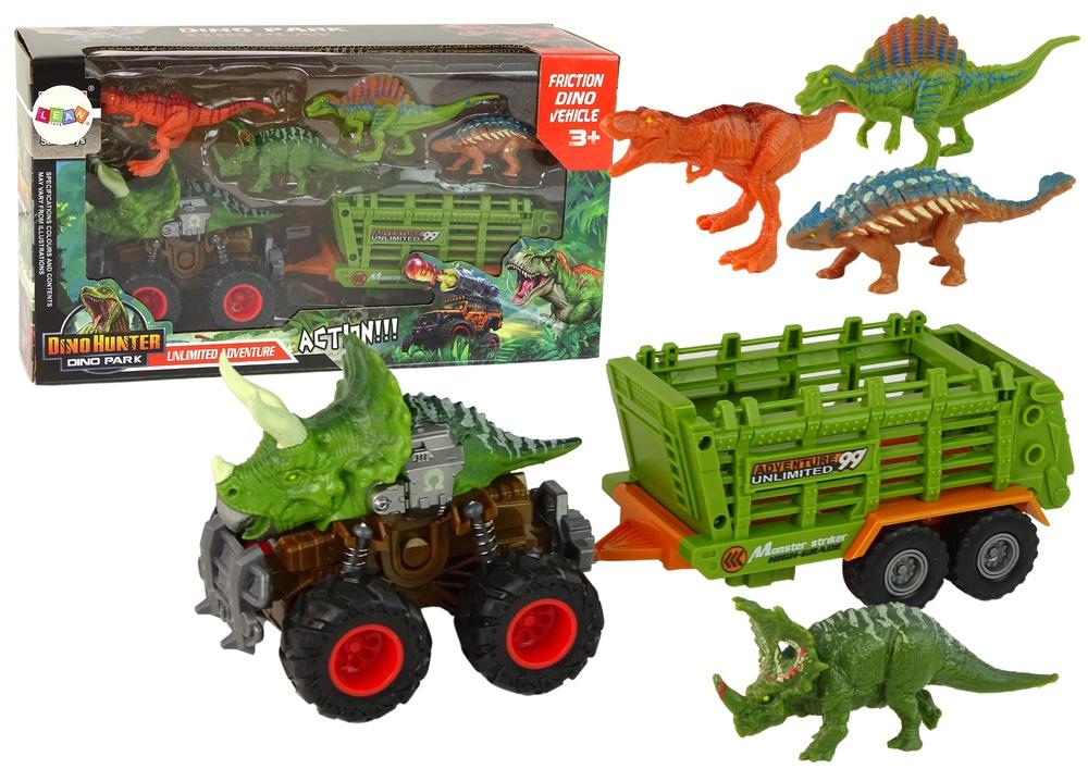 Dino-tema bil og trailer med 4 unikke dinosaur figurer