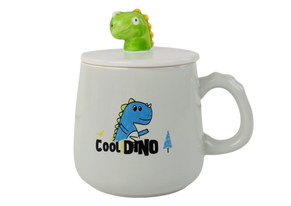 Blue Dinosaur Keramisk Mugg Set med lock & sked, 350ml