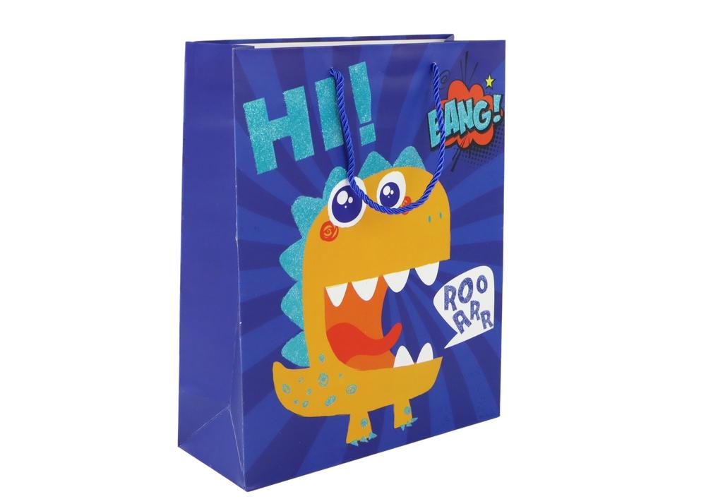 Charmerende blå dinosaur gavepose med glitter - 41,5x30x12cm