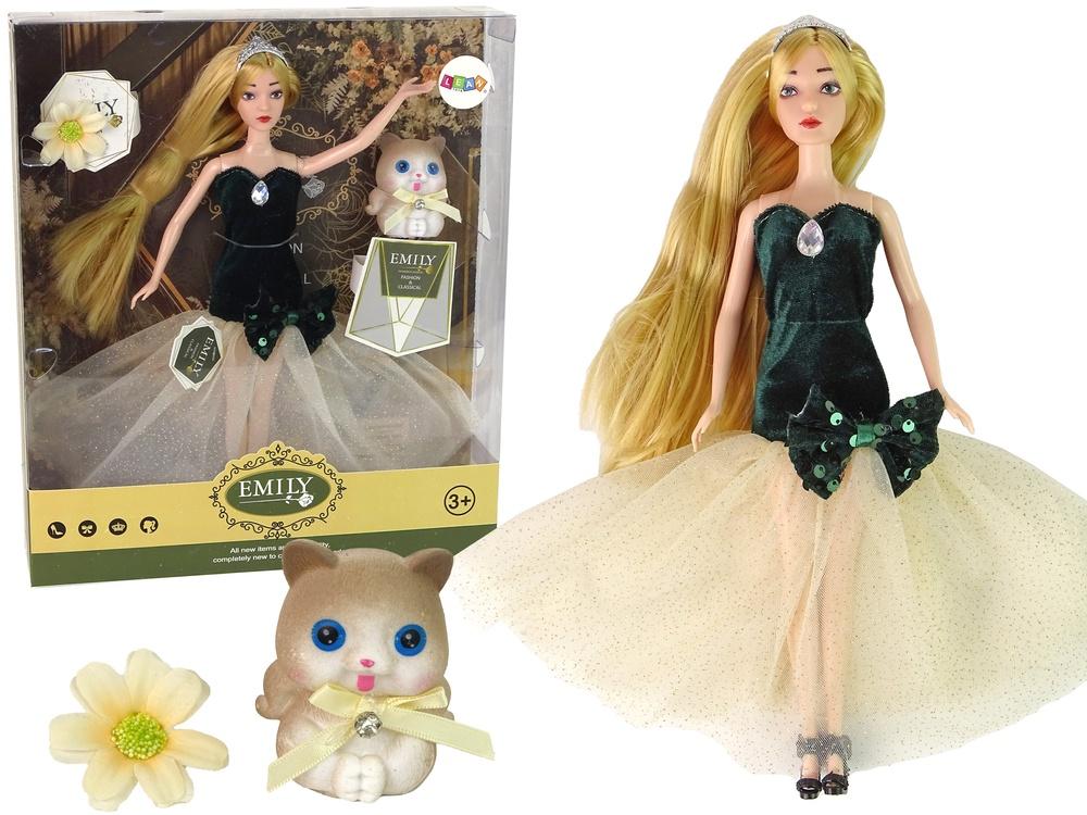 Emily Doll Set: Långt hår, grön klänning, kattunge och blomma