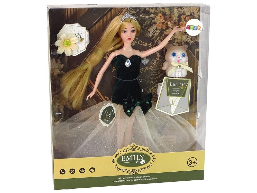 Emily Doll Set: Långt hår, grön klänning, kattunge och blomma