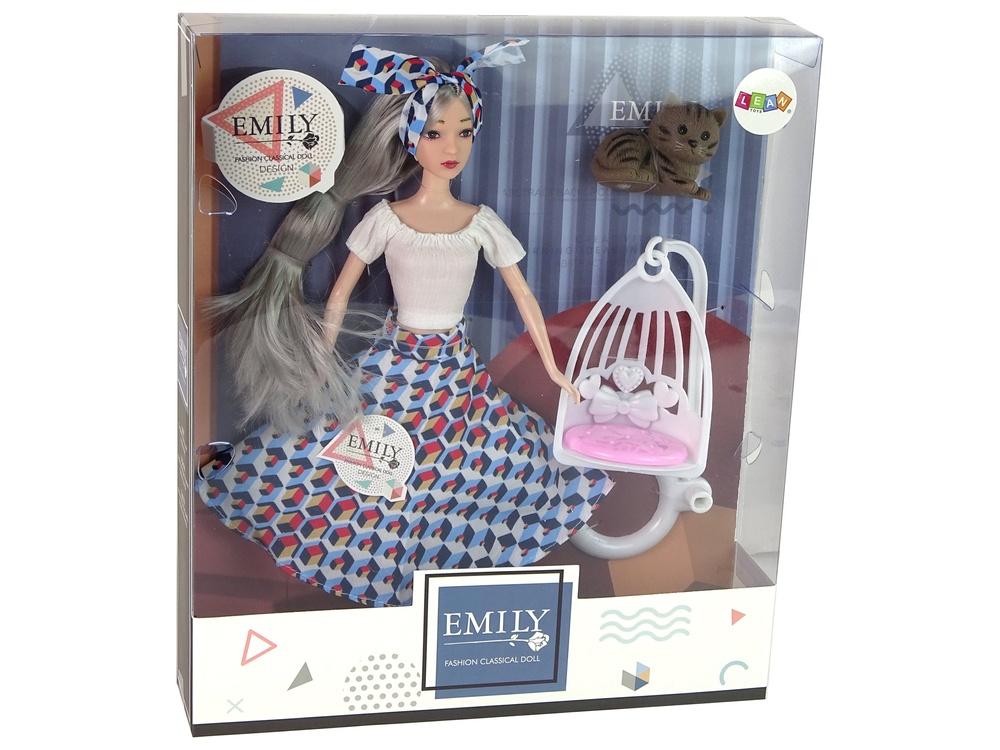 Emily Doll med grått hår, kattunge och gungset