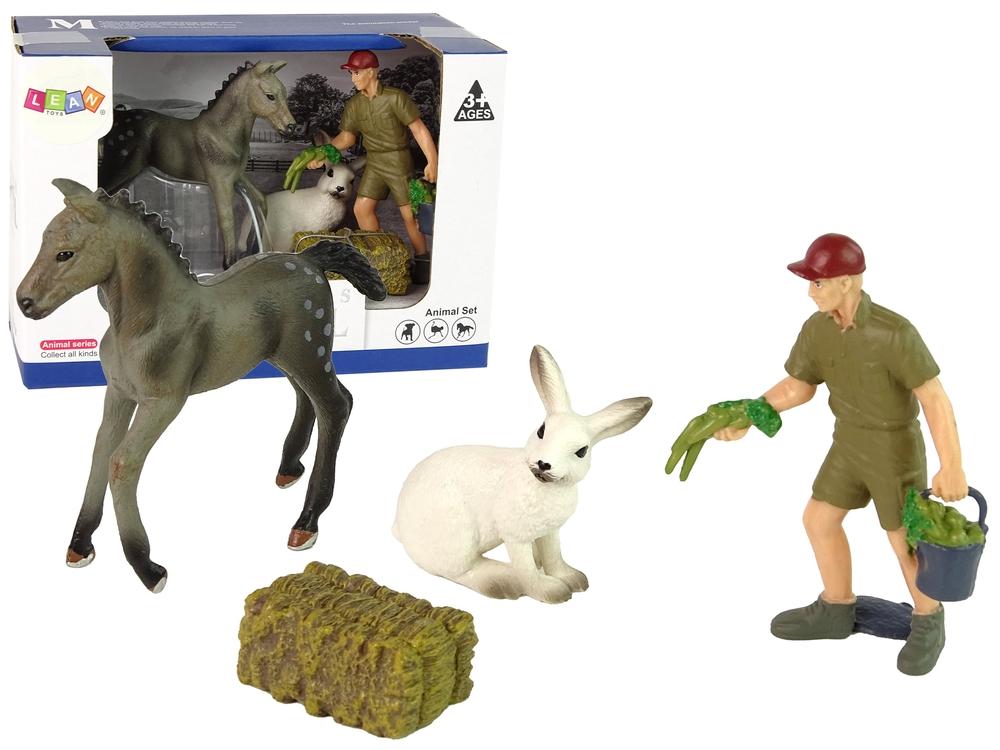 Farm Animal Figure Sæt: Hest, Hare, Farmer &amp; Hay Cube