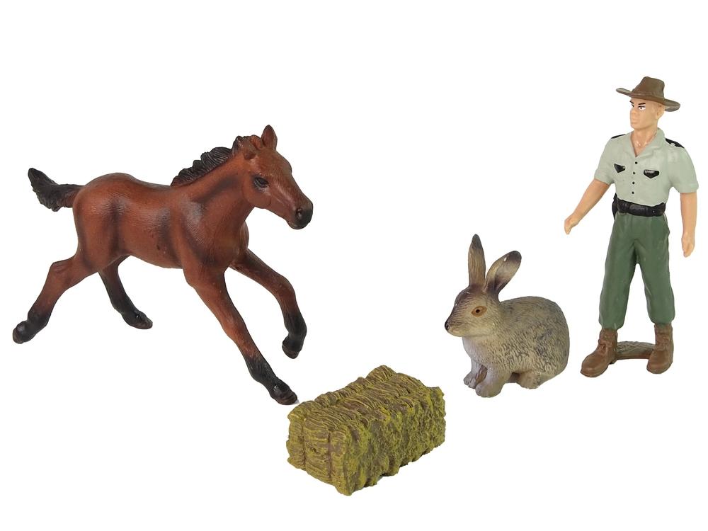 Sæt med bondedyrsfigurer: Hest, landmand, hare og høterning