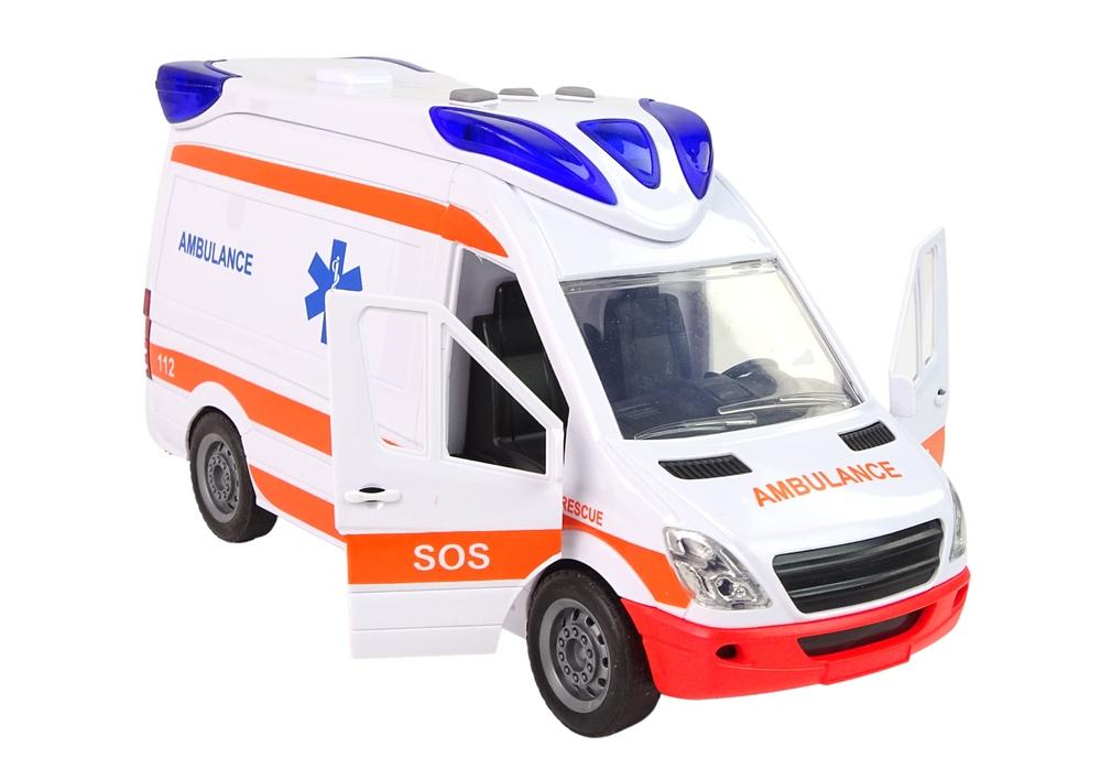 Friktionsdrevet ambulance med lys, lyde og båre!