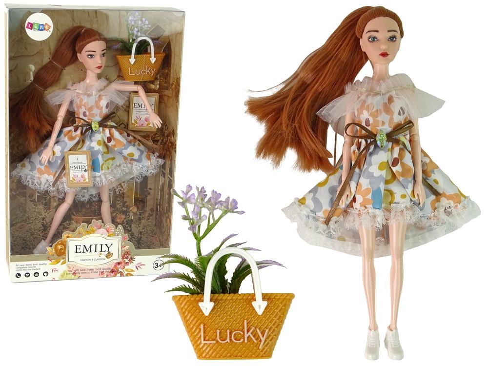 Höstens Emily Doll: Rött hår, blommig klänning, väska och blommor