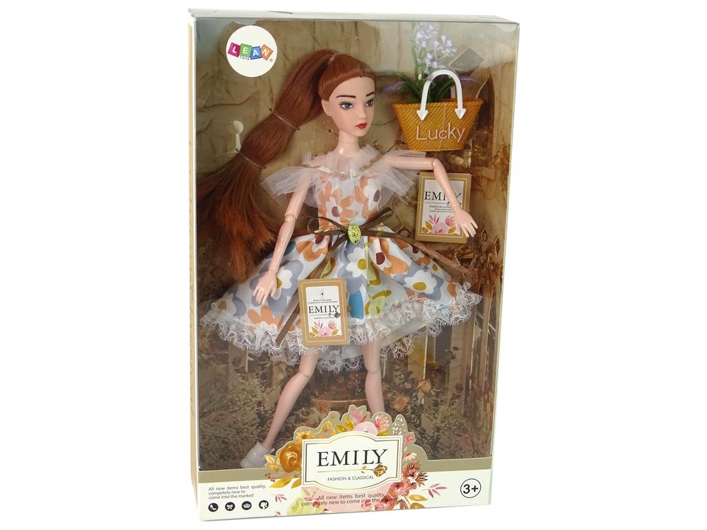 Autumn Emily Doll: Rødt hår, blomstret kjole, taske og blomster