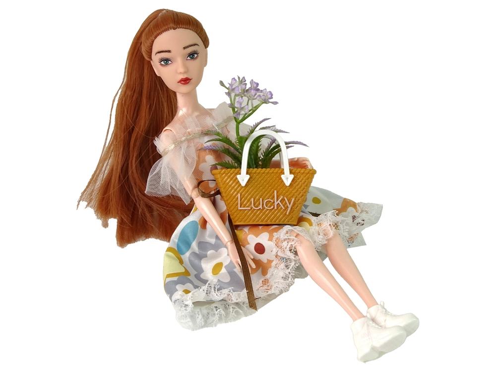 Autumn Emily Doll: Rødt hår, blomstret kjole, taske og blomster