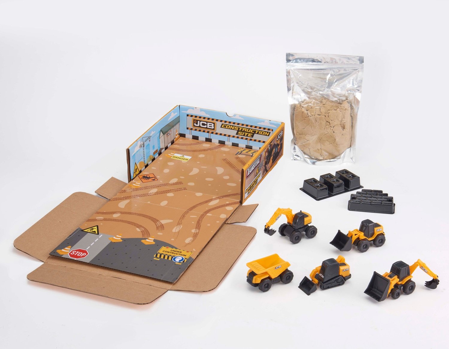 Jcb minimaskiner lekset med sand och 5 bilar