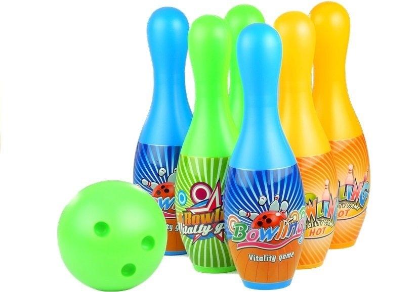 Kul familjebowling set: 6 färgglada pins + boll för barn