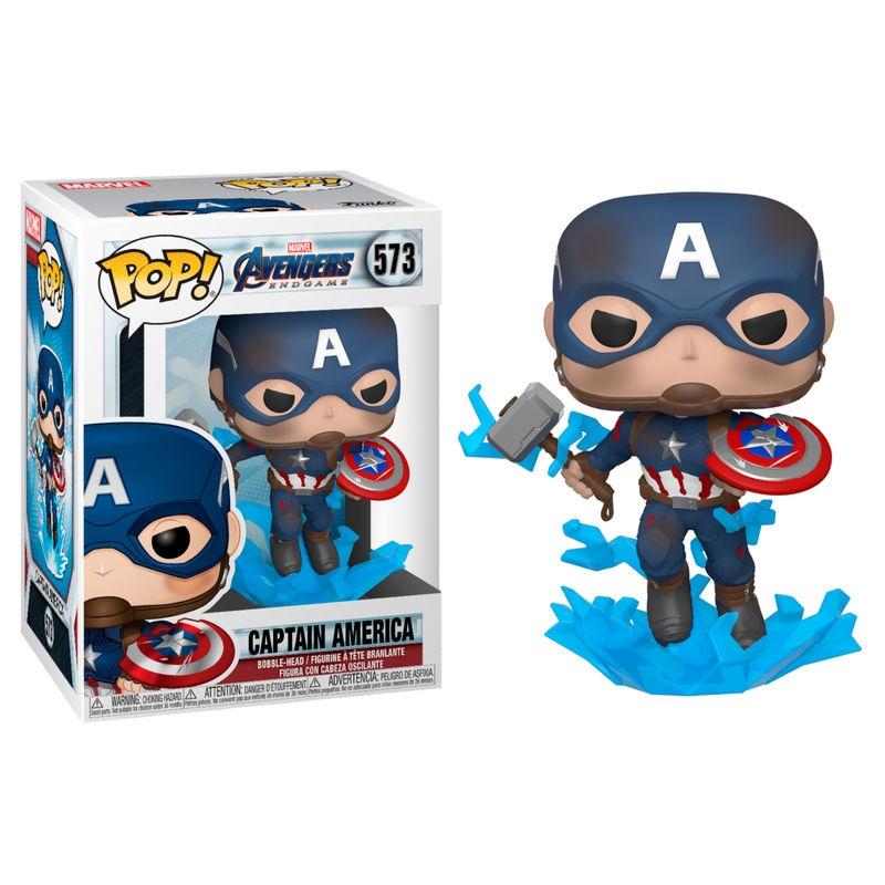 POP-figur Marvel Avengers Endgame Captain America med knækket skjold og Mjölnir