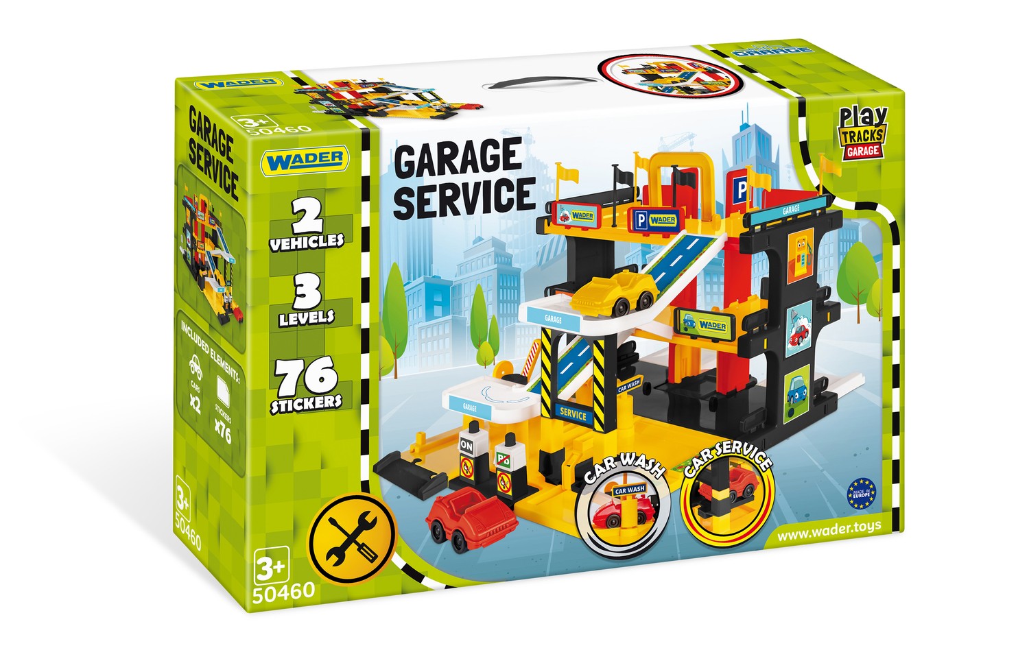 Parkeringsgaragelekset med bilar, hiss, bensinstation