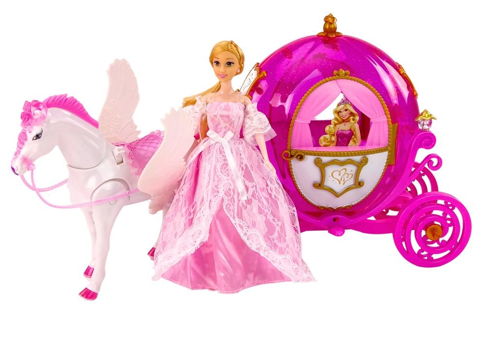 Prinsessevognssæt: Pink Pegasus, Doll &amp; Royal Ride