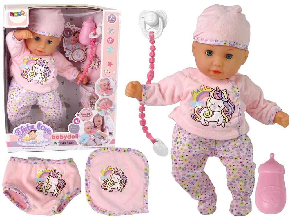 Pink Unicorn Baby Doll Sæt med lyd, sut &amp; hagesmæk