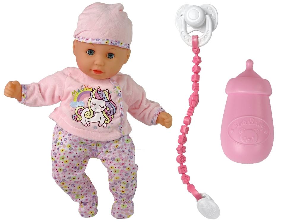 Pink Unicorn Baby Doll Sæt med lyd, sut &amp; hagesmæk