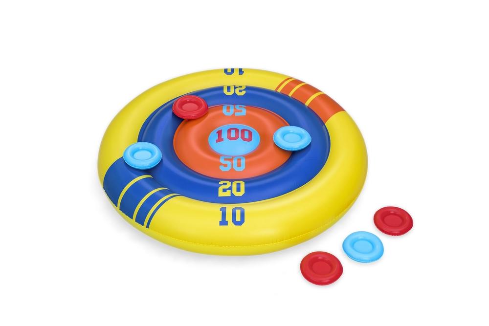 Uppblåsbart poolspel med 6 frisbees & hållbar 140 cm sköld