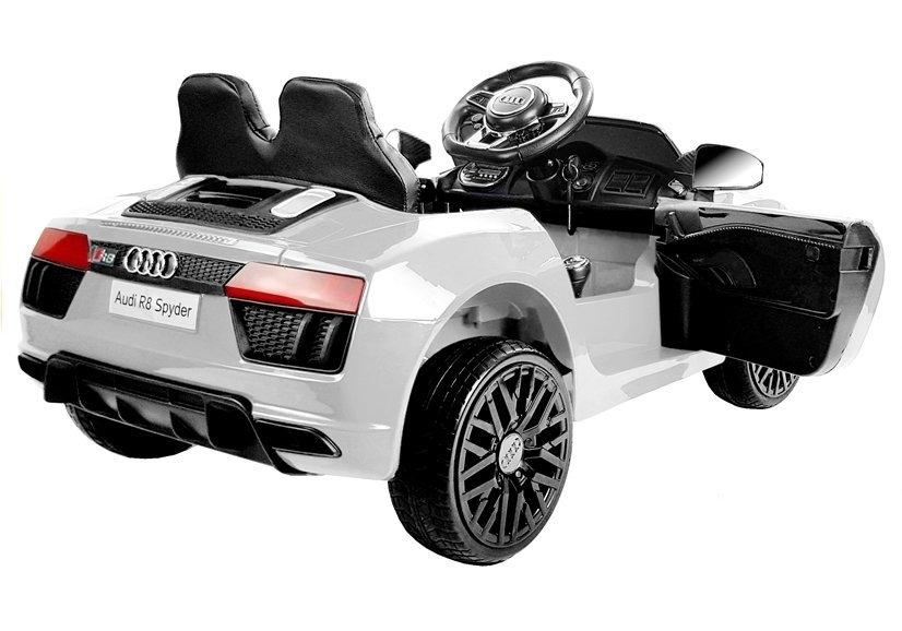 Hvid Audi R8 Spyder el-kørebil med musikpanel 