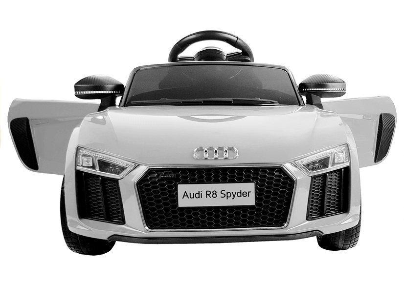 Hvid Audi R8 Spyder el-kørebil med musikpanel 